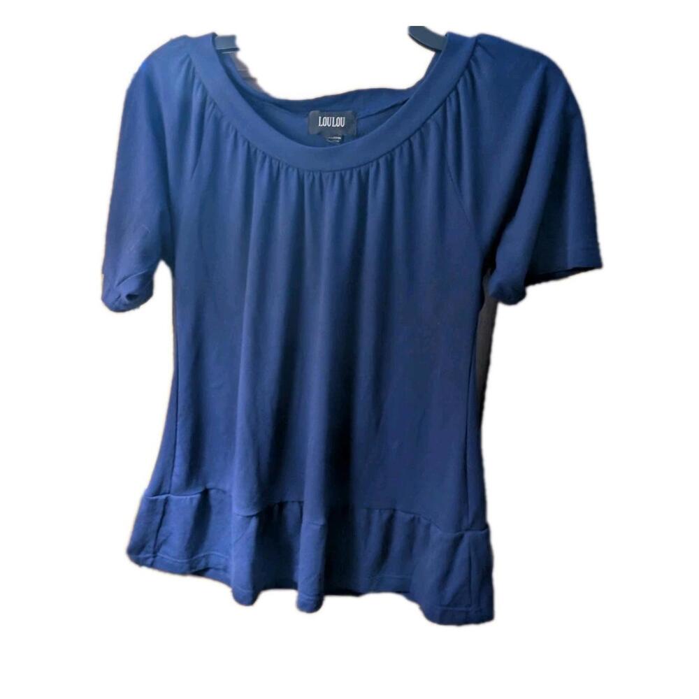 Loulou Stretch Blue Scoop Neck Ruched Sides Blouse - L